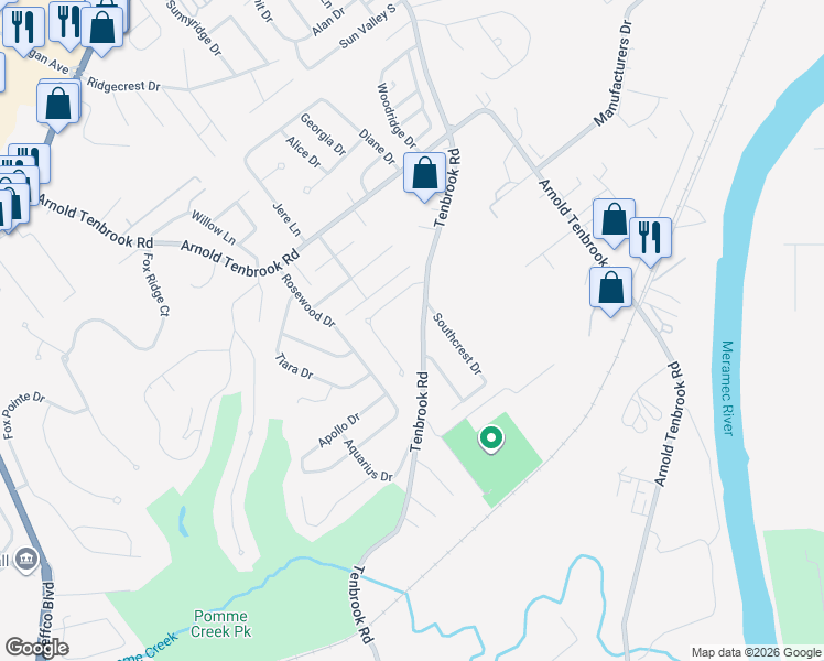 map of restaurants, bars, coffee shops, grocery stores, and more near 2932 Tenbrook Road in Arnold