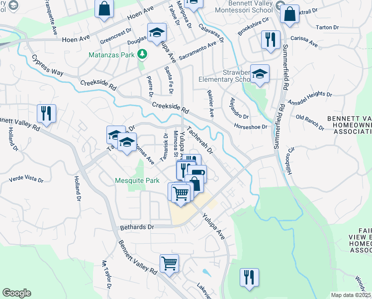 map of restaurants, bars, coffee shops, grocery stores, and more near 2520 Mimosa Street in Santa Rosa