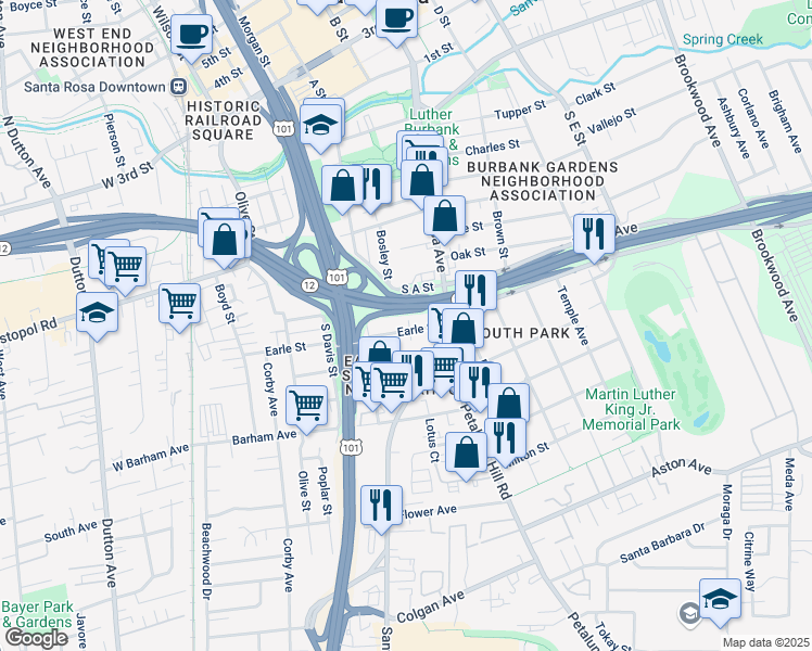map of restaurants, bars, coffee shops, grocery stores, and more near 419 Earle Street in Santa Rosa