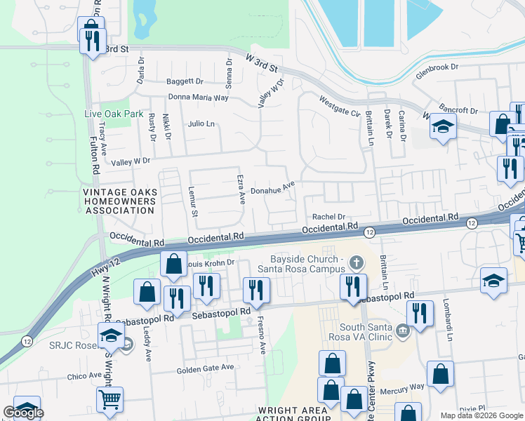 map of restaurants, bars, coffee shops, grocery stores, and more near 323 Westmont Place in Santa Rosa