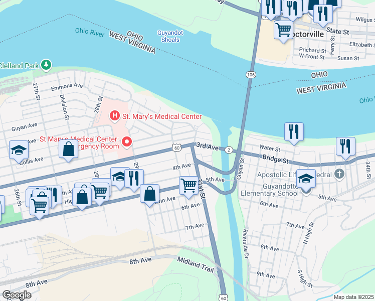 map of restaurants, bars, coffee shops, grocery stores, and more near 3033 3rd Avenue in Huntington