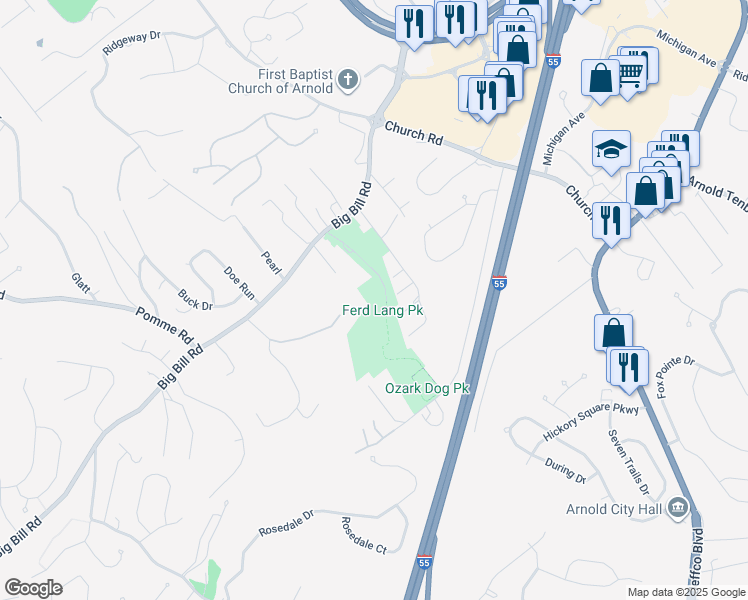 map of restaurants, bars, coffee shops, grocery stores, and more near 1829 Harlene in Arnold