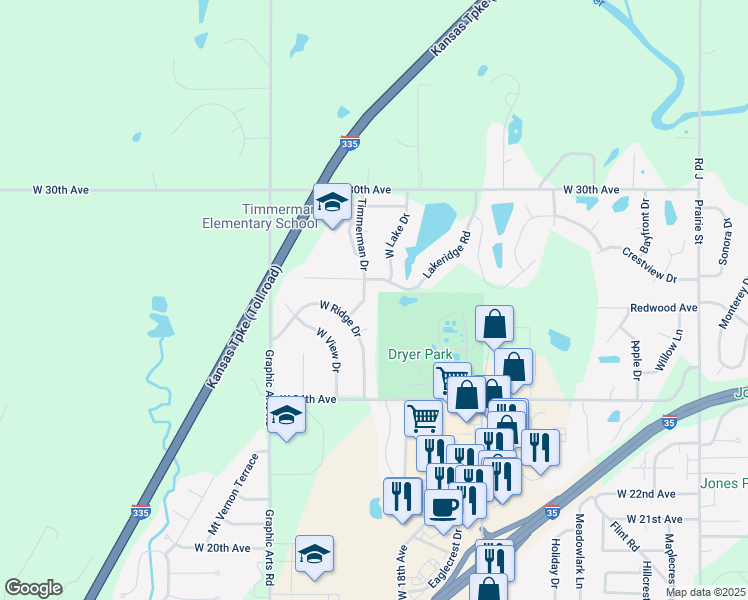 map of restaurants, bars, coffee shops, grocery stores, and more near 2618 West Ridge Court in Emporia
