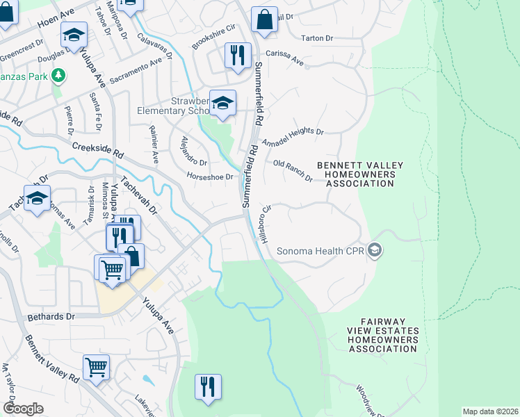 map of restaurants, bars, coffee shops, grocery stores, and more near 4711 Hillsboro Circle in Santa Rosa