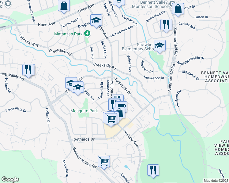 map of restaurants, bars, coffee shops, grocery stores, and more near 2520 Mimosa Street in Santa Rosa