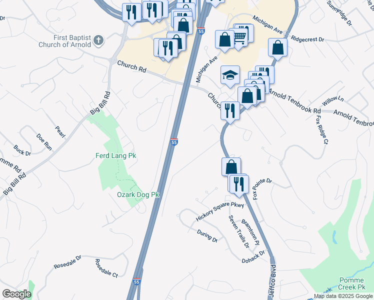 map of restaurants, bars, coffee shops, grocery stores, and more near 2559 Frederitzi Lane in Arnold