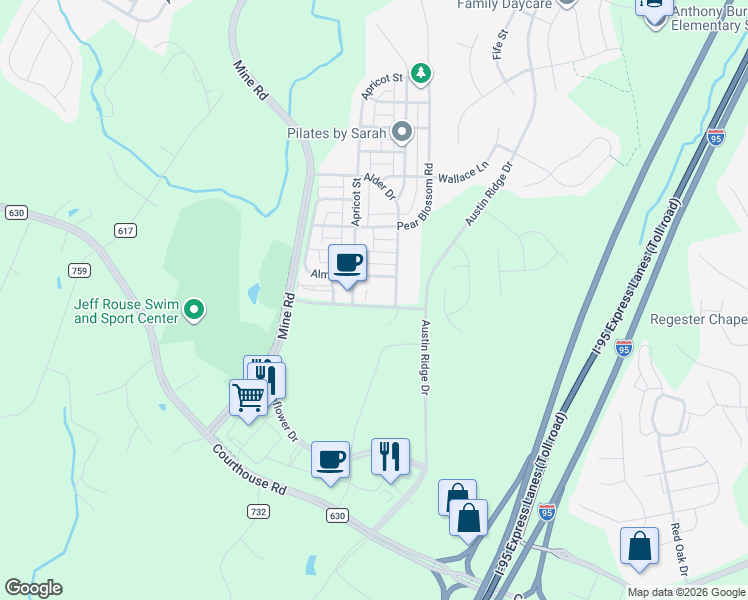 map of restaurants, bars, coffee shops, grocery stores, and more near 218 Shields Road in Stafford