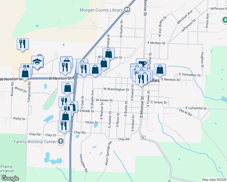 map of restaurants, bars, coffee shops, grocery stores, and more near 406 West Washington Street in Versailles