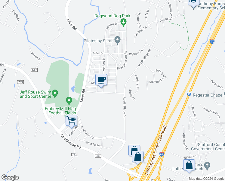 map of restaurants, bars, coffee shops, grocery stores, and more near 208 Shields Road in Stafford