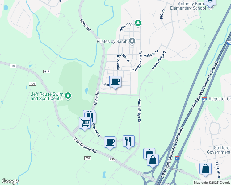 map of restaurants, bars, coffee shops, grocery stores, and more near 25 Apricot Street in Stafford