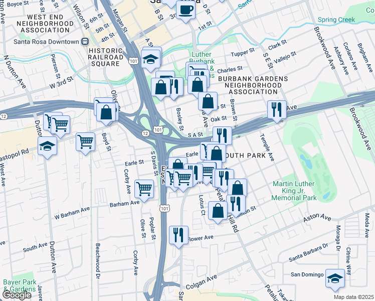 map of restaurants, bars, coffee shops, grocery stores, and more near 439 Earle Street in Santa Rosa