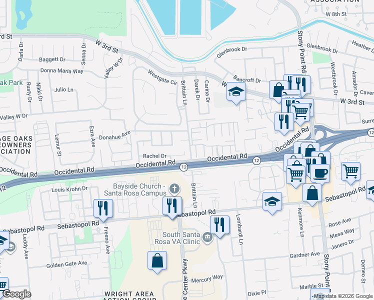 map of restaurants, bars, coffee shops, grocery stores, and more near 2132 Rachel Drive in Santa Rosa