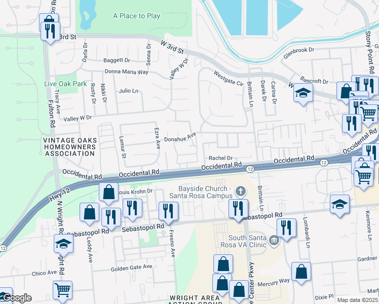 map of restaurants, bars, coffee shops, grocery stores, and more near 2312 Cross Avenue in Santa Rosa
