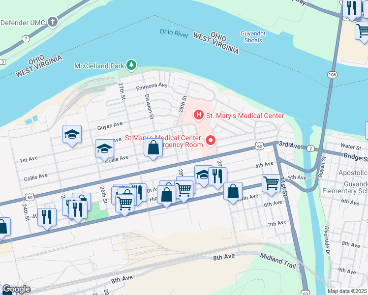 map of restaurants, bars, coffee shops, grocery stores, and more near 212 28th Street in Huntington