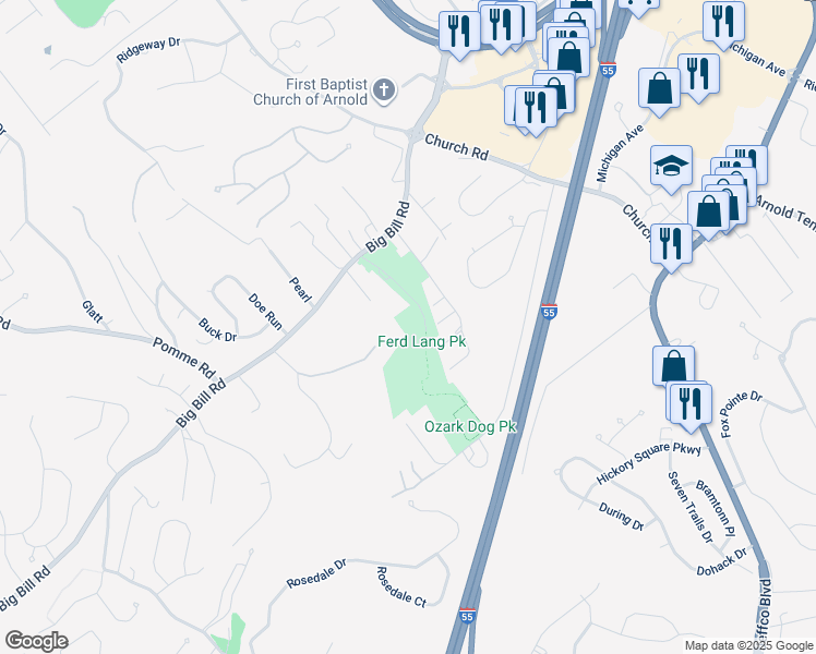 map of restaurants, bars, coffee shops, grocery stores, and more near 1829 Harlene in Arnold