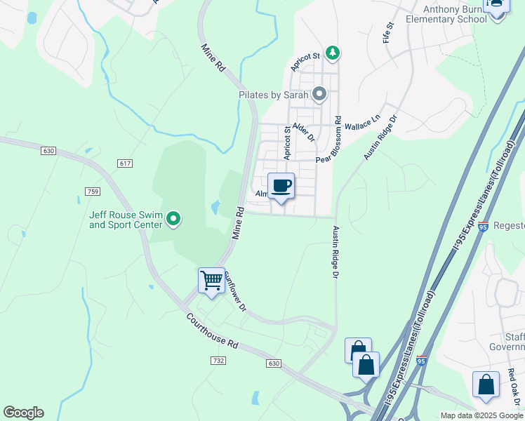 map of restaurants, bars, coffee shops, grocery stores, and more near 310 Shields Road in Stafford