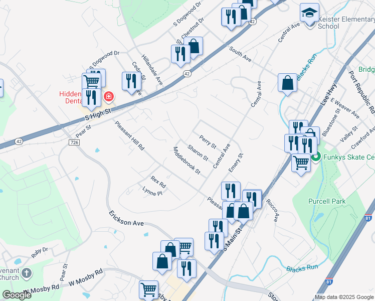 map of restaurants, bars, coffee shops, grocery stores, and more near 92 Middlebrook Street in Harrisonburg