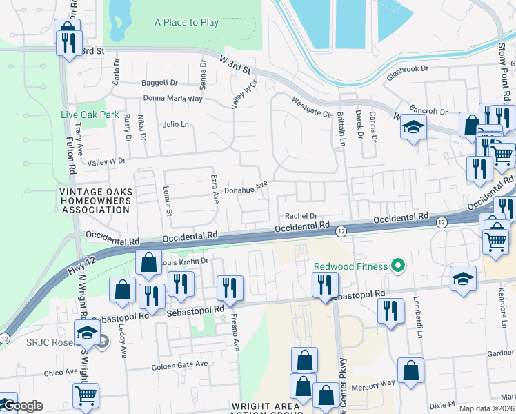 map of restaurants, bars, coffee shops, grocery stores, and more near 2312 Cross Avenue in Santa Rosa