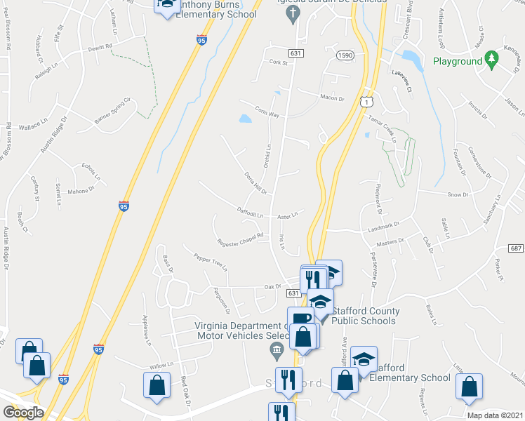 map of restaurants, bars, coffee shops, grocery stores, and more near 6 Daffodil Lane in Stafford