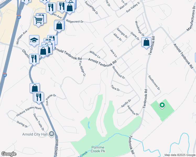 map of restaurants, bars, coffee shops, grocery stores, and more near 2701 Pomme Meadows Drive in Arnold