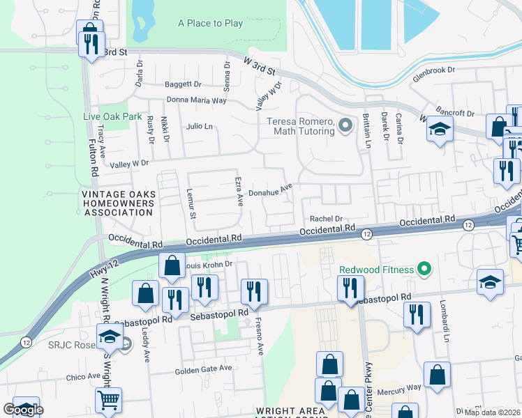 map of restaurants, bars, coffee shops, grocery stores, and more near 323 Westmont Place in Santa Rosa