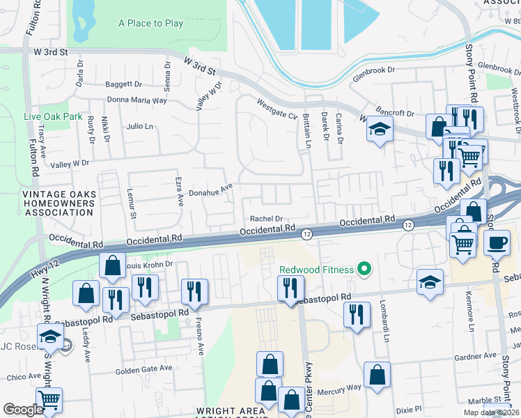 map of restaurants, bars, coffee shops, grocery stores, and more near 2165 Rachel Drive in Santa Rosa