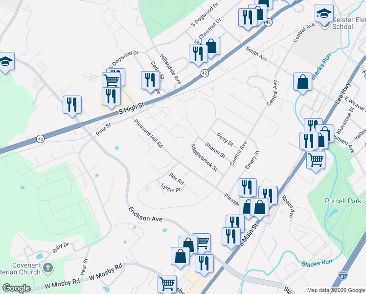 map of restaurants, bars, coffee shops, grocery stores, and more near 1743 Kingston Court in Harrisonburg
