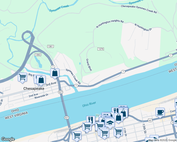 map of restaurants, bars, coffee shops, grocery stores, and more near 179 Township Road 1379 in Chesapeake