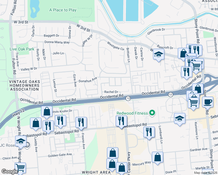 map of restaurants, bars, coffee shops, grocery stores, and more near 2165 Rachel Drive in Santa Rosa