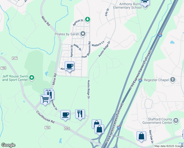 map of restaurants, bars, coffee shops, grocery stores, and more near 4 Booth Court in Stafford