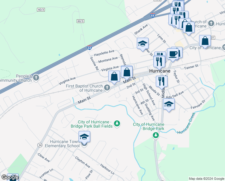 map of restaurants, bars, coffee shops, grocery stores, and more near Church St in Hurricane