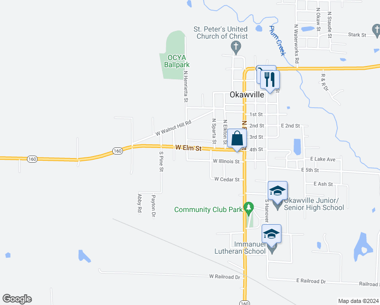 map of restaurants, bars, coffee shops, grocery stores, and more near 312 West Illinois Street in Okawville