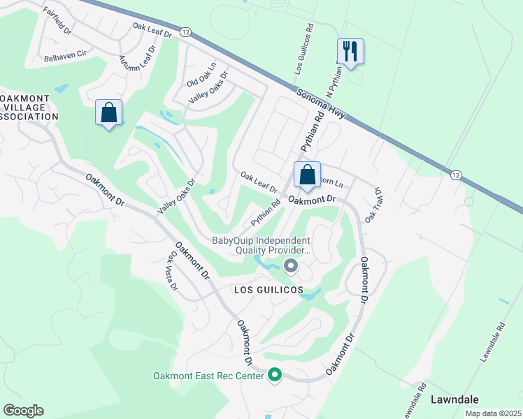 map of restaurants, bars, coffee shops, grocery stores, and more near 329 Pythian Road in Santa Rosa