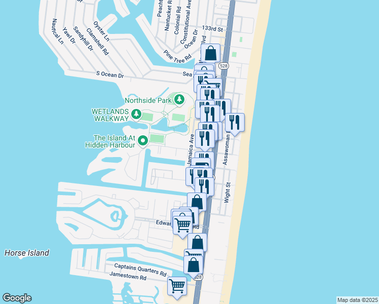 map of restaurants, bars, coffee shops, grocery stores, and more near 103 125th Street in Ocean City