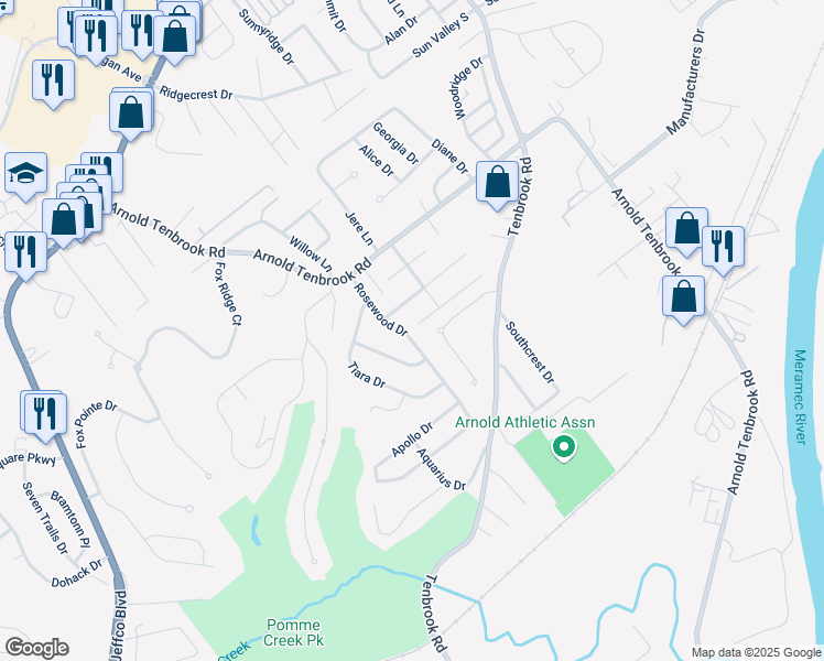 map of restaurants, bars, coffee shops, grocery stores, and more near 2770 Rosewood Drive in Arnold