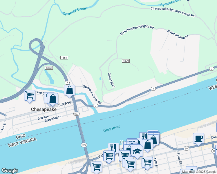 map of restaurants, bars, coffee shops, grocery stores, and more near 179 Township Road 1379 in Chesapeake