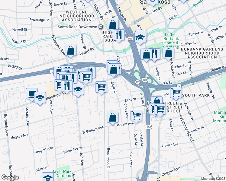 map of restaurants, bars, coffee shops, grocery stores, and more near 517 Boyd Street in Santa Rosa