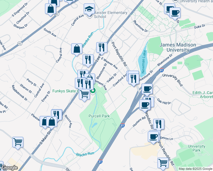 map of restaurants, bars, coffee shops, grocery stores, and more near 100 Monument Avenue in Harrisonburg