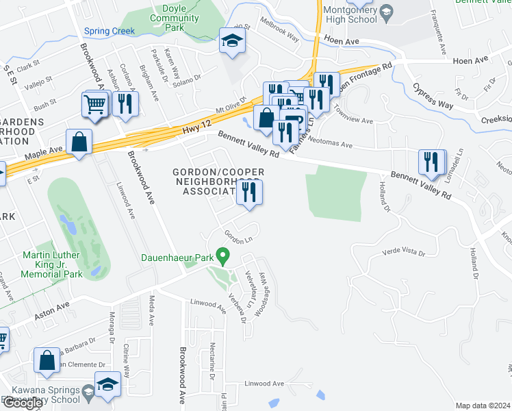 map of restaurants, bars, coffee shops, grocery stores, and more near 1924 Cooper Drive in Santa Rosa