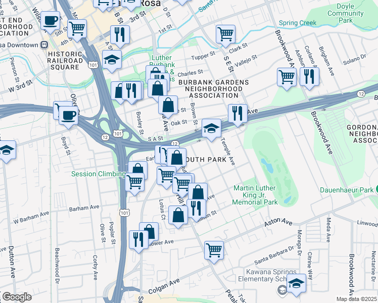 map of restaurants, bars, coffee shops, grocery stores, and more near 929 Grand Avenue in Santa Rosa
