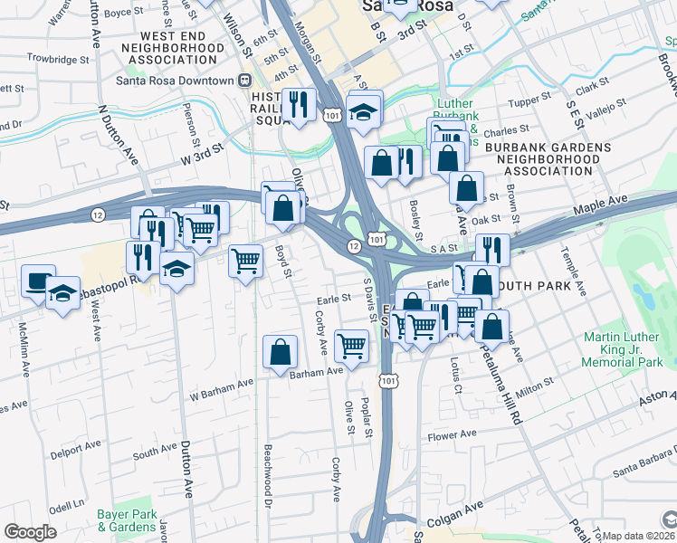 map of restaurants, bars, coffee shops, grocery stores, and more near 211 Barnett Street in Santa Rosa