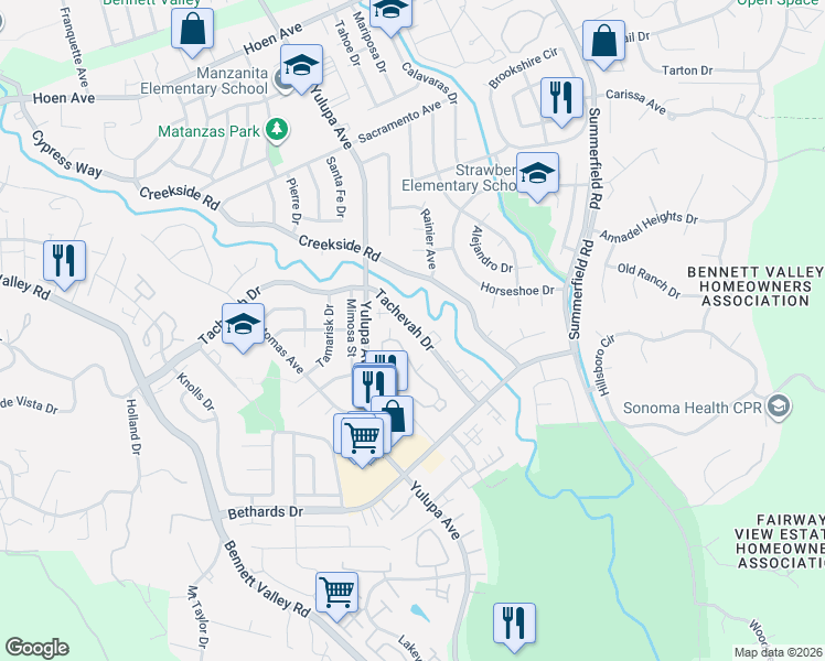 map of restaurants, bars, coffee shops, grocery stores, and more near 2401 Woodlake Drive in Santa Rosa