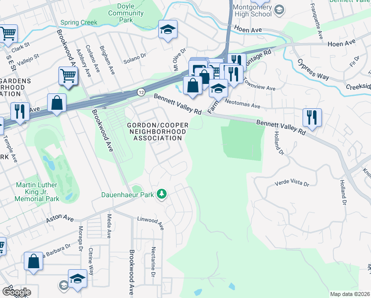 map of restaurants, bars, coffee shops, grocery stores, and more near 1392 Gordon Lane in Santa Rosa