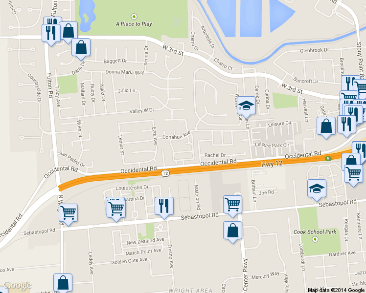 map of restaurants, bars, coffee shops, grocery stores, and more near 2312 Cross Avenue in Santa Rosa