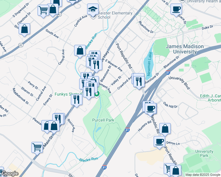 map of restaurants, bars, coffee shops, grocery stores, and more near 100 Monument Avenue in Harrisonburg