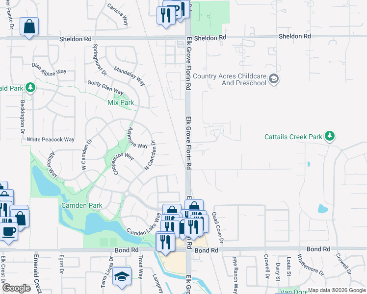 map of restaurants, bars, coffee shops, grocery stores, and more near 9040 Elk Grove Florin Road in Elk Grove