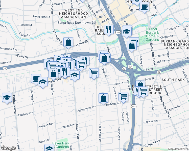 map of restaurants, bars, coffee shops, grocery stores, and more near 100 Sebastopol Road in Santa Rosa