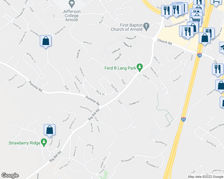 map of restaurants, bars, coffee shops, grocery stores, and more near 2004 Buck Drive in Arnold