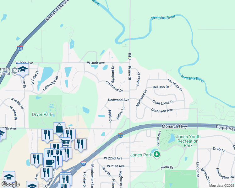 map of restaurants, bars, coffee shops, grocery stores, and more near 2232 Redwood Avenue in Emporia