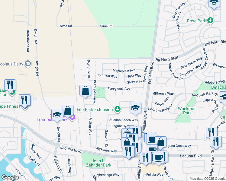 map of restaurants, bars, coffee shops, grocery stores, and more near 4506 Careyback Avenue in Elk Grove